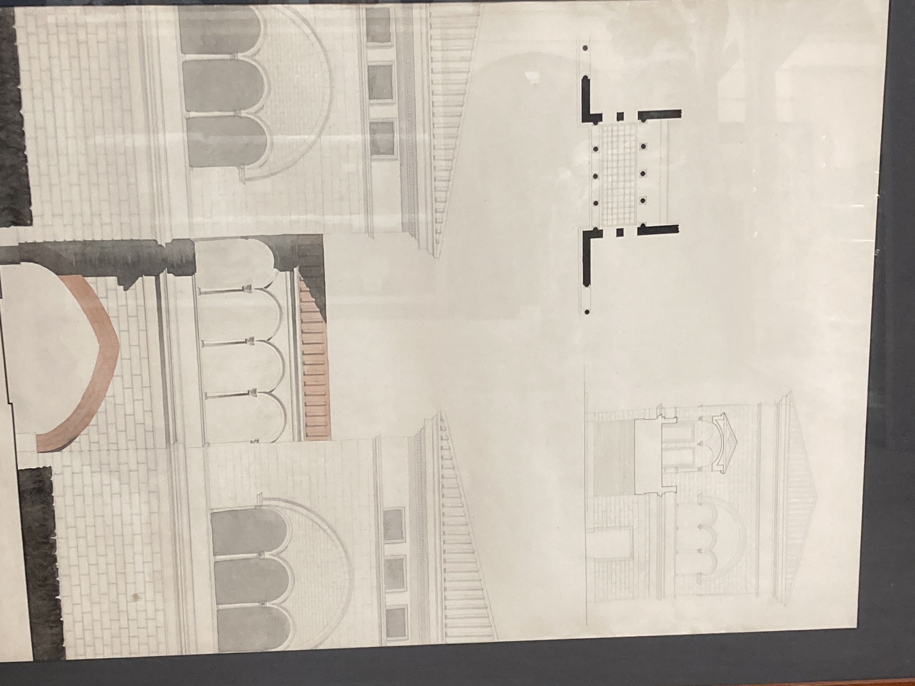 Nine various late 19th century pen and ink architectural drawings, some hand coloured, 48 x 70cm